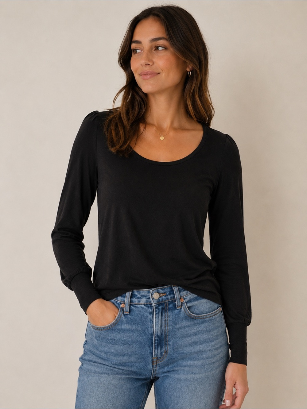 Madewell Black Long Sleeve Scoop Neck Fitted Basic Top Size Small